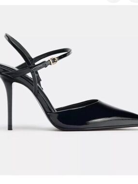 Zara Black Patent Pointed-Toe Stiletto Slingback Heels
